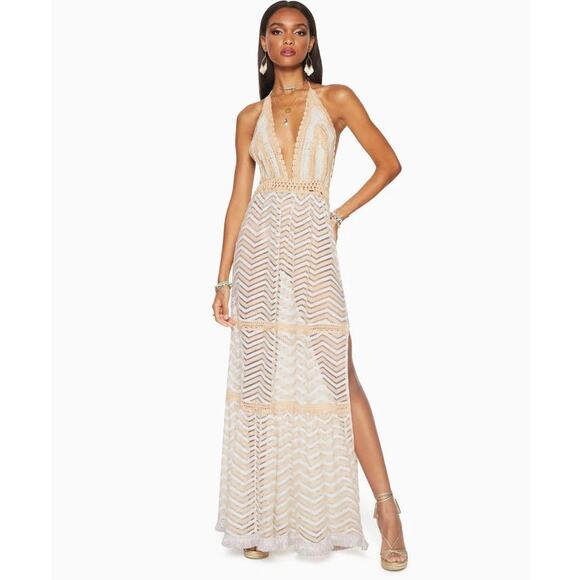 Ramy Brook Rosella Knit Chevron Halter Maxi Dress White Tan XS Crochet Metallic Ramy Brook Rosella Knit Chevron Halter Maxi Dress White Tan XS Crochet Metallic